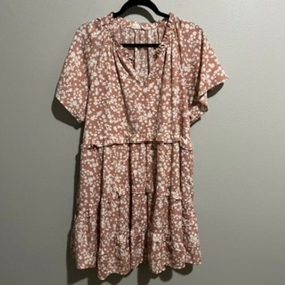 New In Women Mauve Pink Floral Daisy Tiered Mini Dress Ruffle Neck Large ND30125